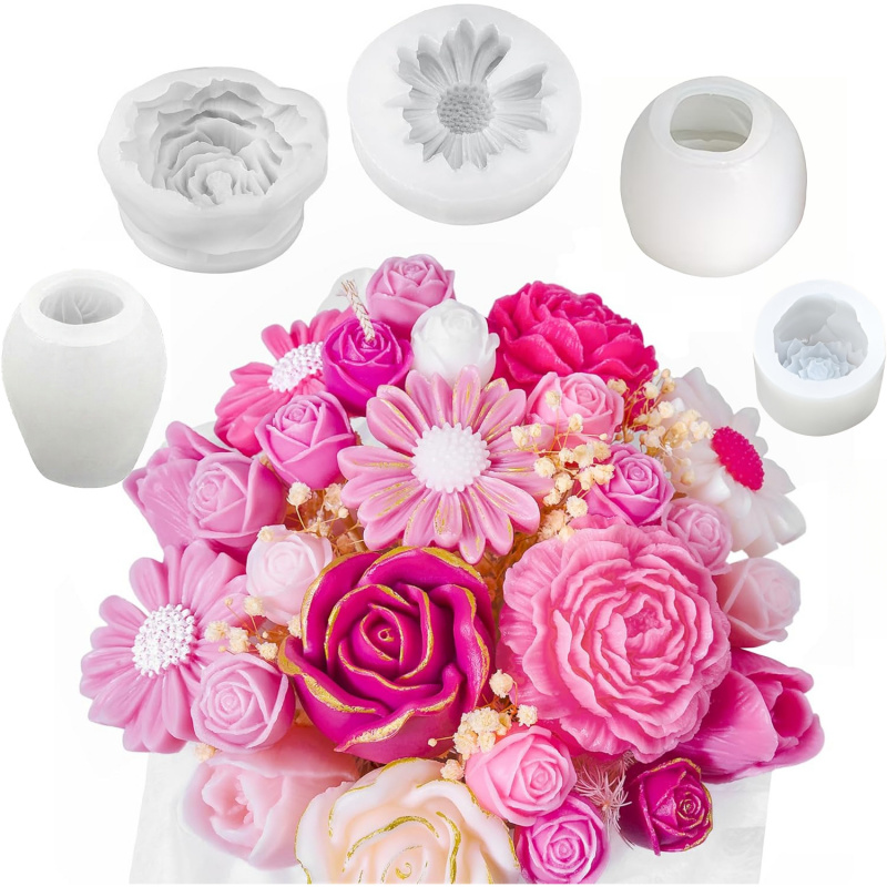 Candle Making Party - 5-teiliges Blumen-Kerzenformen-Set, 3D-Blumen-Silikon-Kerzenform, zur Kerzenherstellung, Gänseblümchen-,